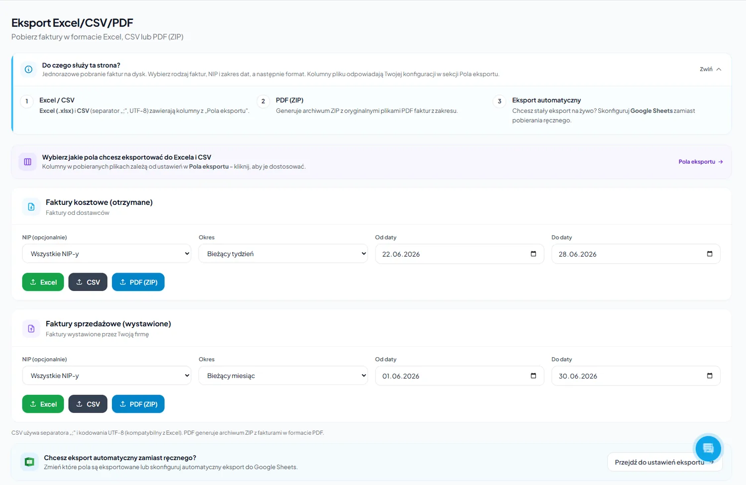 Eksport faktur z KSeF do CSV pod program księgowy