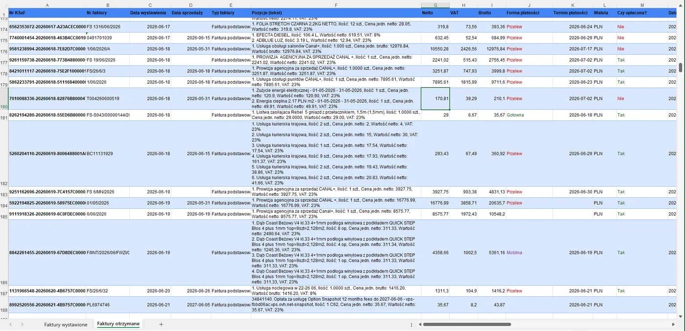 Arkusz Excel z fakturami z KSeF – kolumny numer KSeF, kontrahent, NIP, netto, VAT, brutto