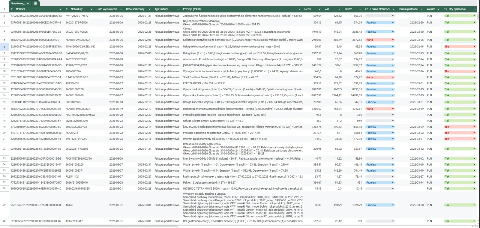 Faktury z KSeF w Google Sheets (Arkuszach Google) – sprzedaż i koszty w osobnych zakładkach